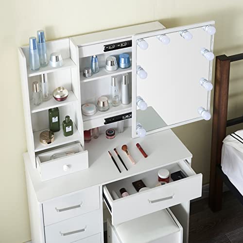 White Makeup Vanity Desk with Lights and Mirror and Drawers Y76960