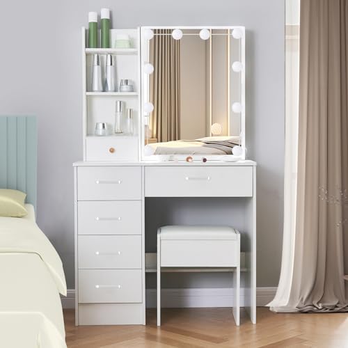 White Makeup Vanity Desk with Lights and Mirror and Drawers Y76960