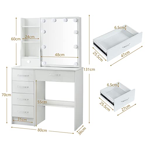 White Makeup Vanity Desk with Lights and Mirror and Drawers Y76960