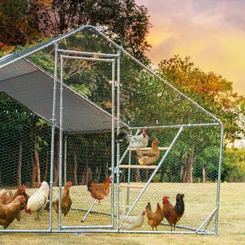Chicken Coop Run with Anti-Rust Durable Steel, Large Walk-in Poultry Cage with Cover R3190