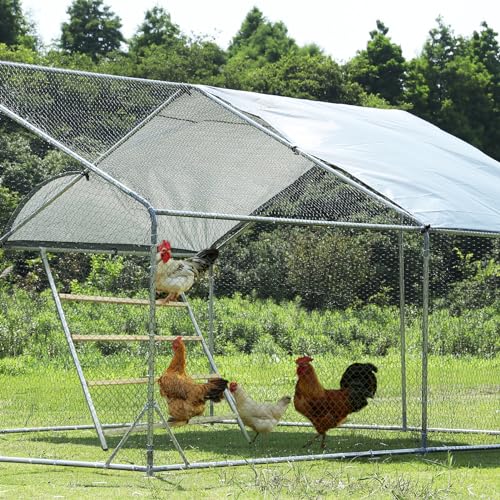 Chicken Coop Run with Anti-Rust Durable Steel, Large Walk-in Poultry Cage with Cover R3190