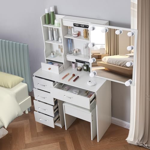 White Makeup Vanity Desk with Lights and Mirror and Drawers Y76960