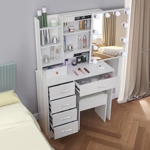 White Makeup Vanity Desk with Lights and Mirror and Drawers Y76960