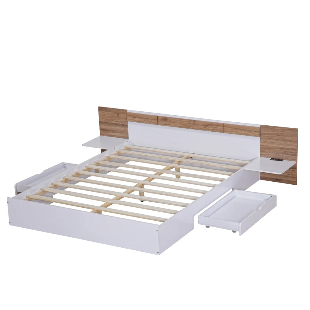 White Queen Size Wood Platform Bed with Storage Shelves and 2 Drawers Y16626