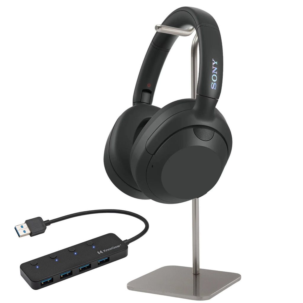 Black Noise Cancelling Headphones with USB Hub and Headphone Stand P524
