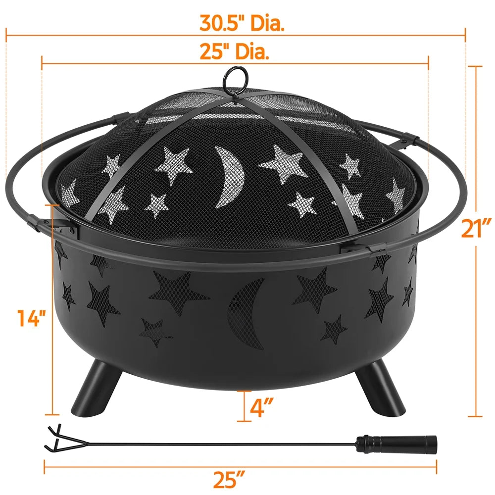 Black Iron Fire Pit with Poker Mesh Cover F8587