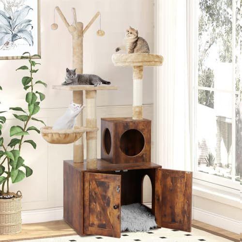 2-in-1 Wooden Cat Tree Tower with Litter Box Enclosure K65093