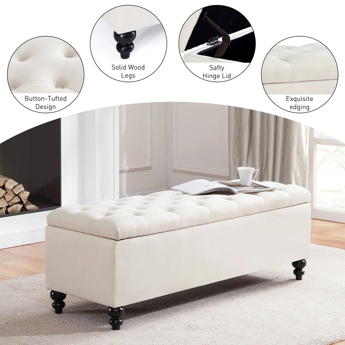 51" Button-Tufted Storage Ottoman Bench Q525236