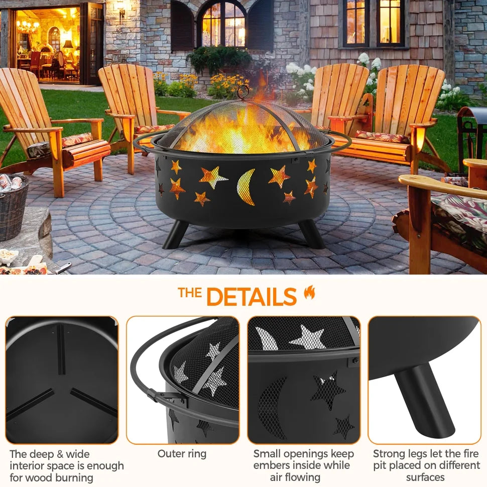 Black Iron Fire Pit with Poker Mesh Cover F8587