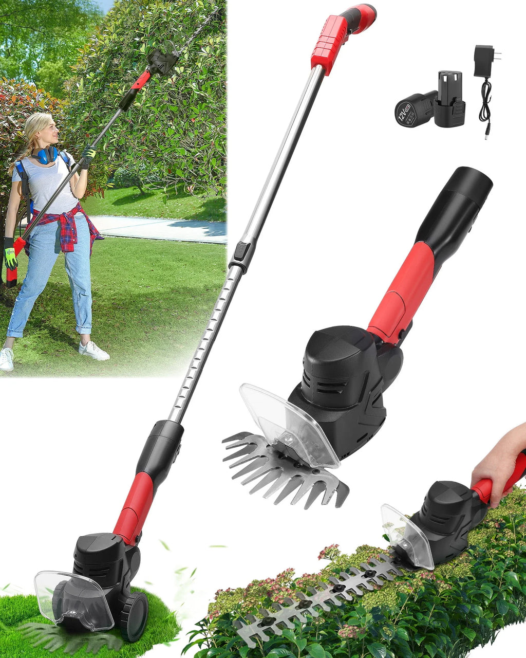 4-in-1 Telescoping Pole Hedge Trimmer Grass Shear Shrub Trimmer with 2.0 Ah Battery, 12V Red K3189