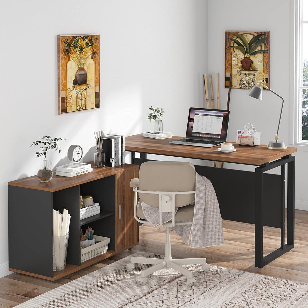Dark Walnut Steel Gray L Shaped Desk with Storage Shelves and File Cabinet H113