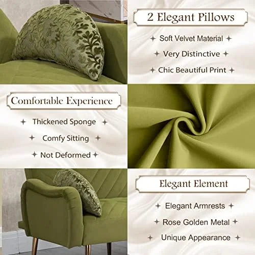 Modern Velvet Futon Sofa Bed Convertible Loveseat with 2 Pillows O39479