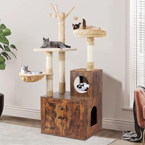 2-in-1 Wooden Cat Tree Tower with Litter Box Enclosure K65093