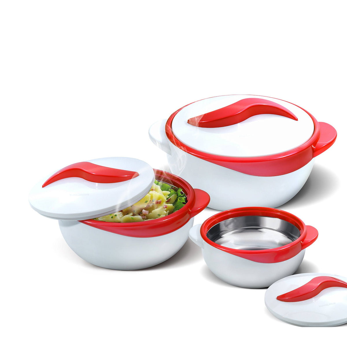 Set of 3 Casserole Serving Bowls with Lids Red O47079