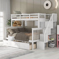 White Solid Wood Bunk Bed with Stairs and Storage Drawers A44289