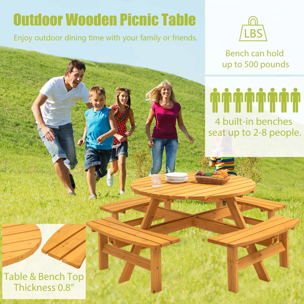 8-Person Wooden Picnic Table with 4 Built-in Benches N3674