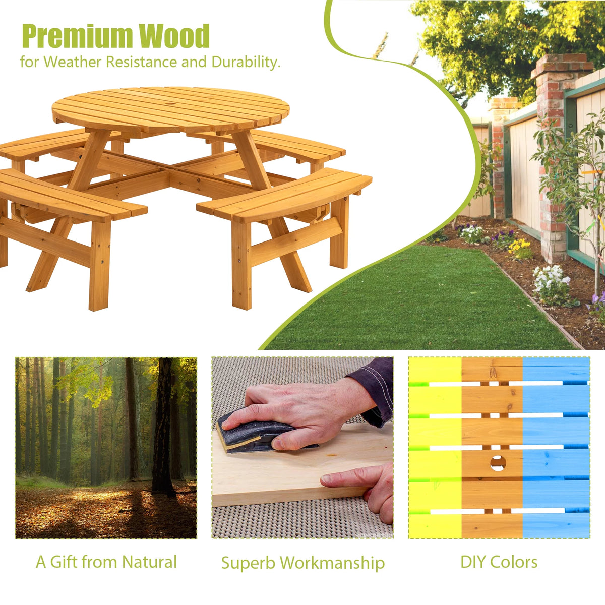 8-Person Wooden Picnic Table with 4 Built-in Benches N3674
