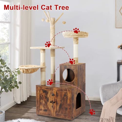 2-in-1 Wooden Cat Tree Tower with Litter Box Enclosure K65093
