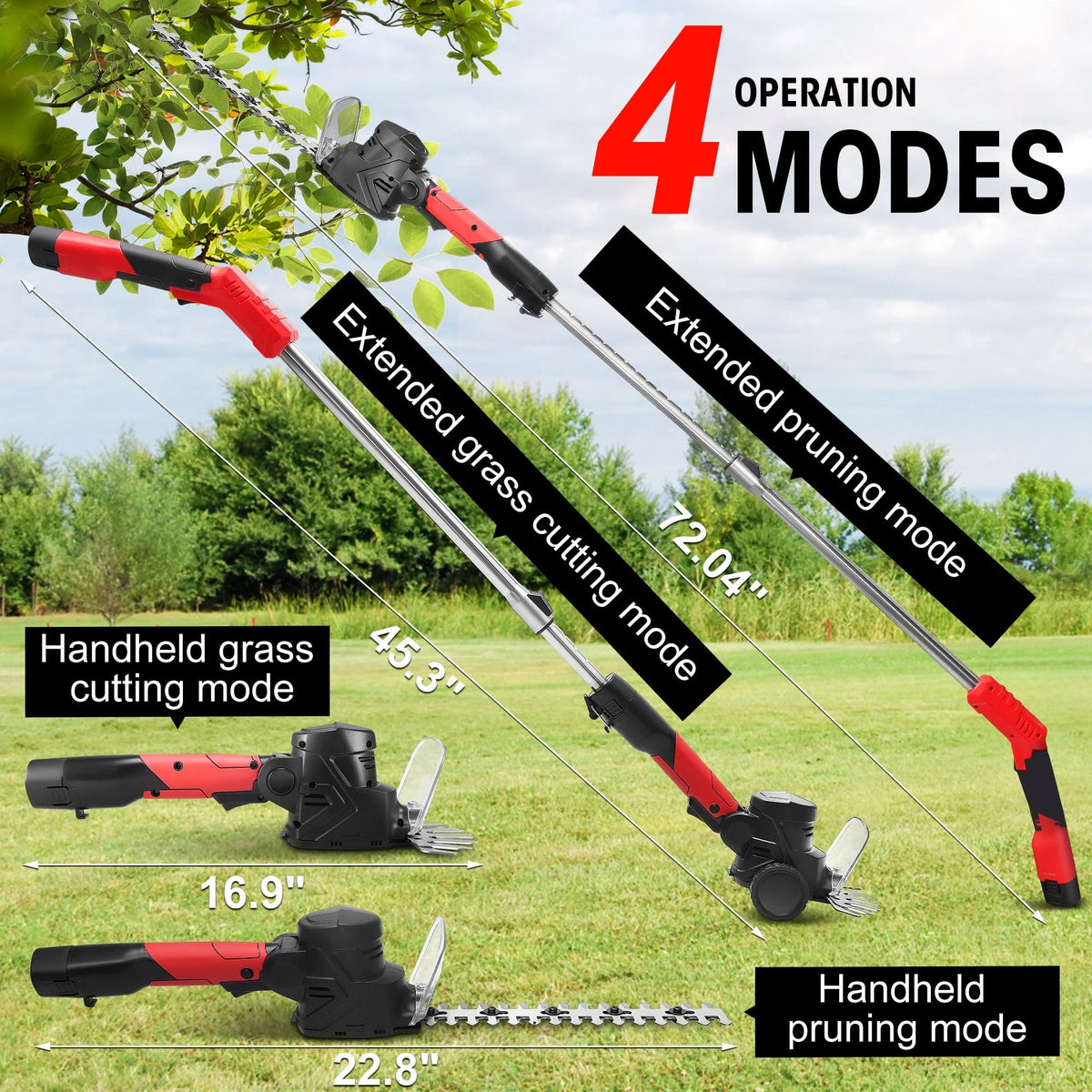 4-in-1 Telescoping Pole Hedge Trimmer Grass Shear Shrub Trimmer with 2.0 Ah Battery, 12V Red K3189