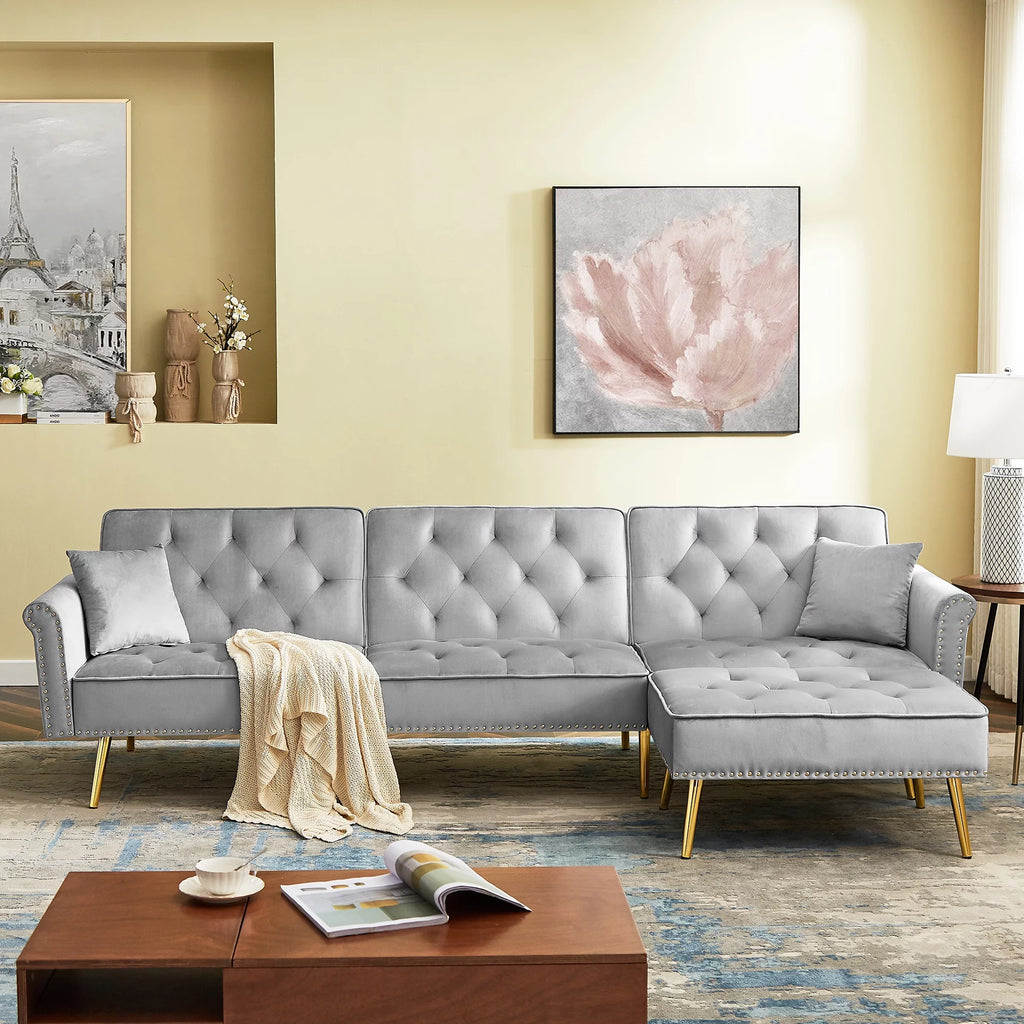 Light Grey Reversible Sectional Sofa Bed with Ottoman F757