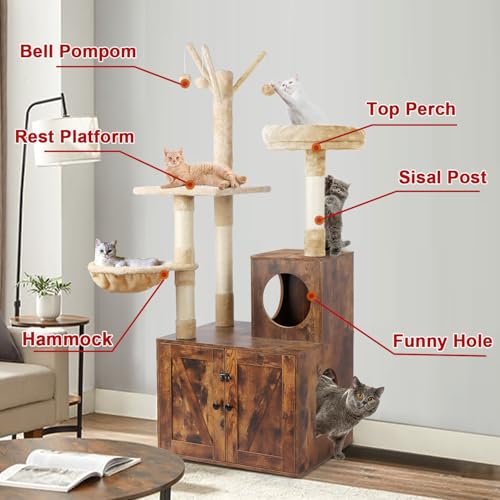 2-in-1 Wooden Cat Tree Tower with Litter Box Enclosure K65093