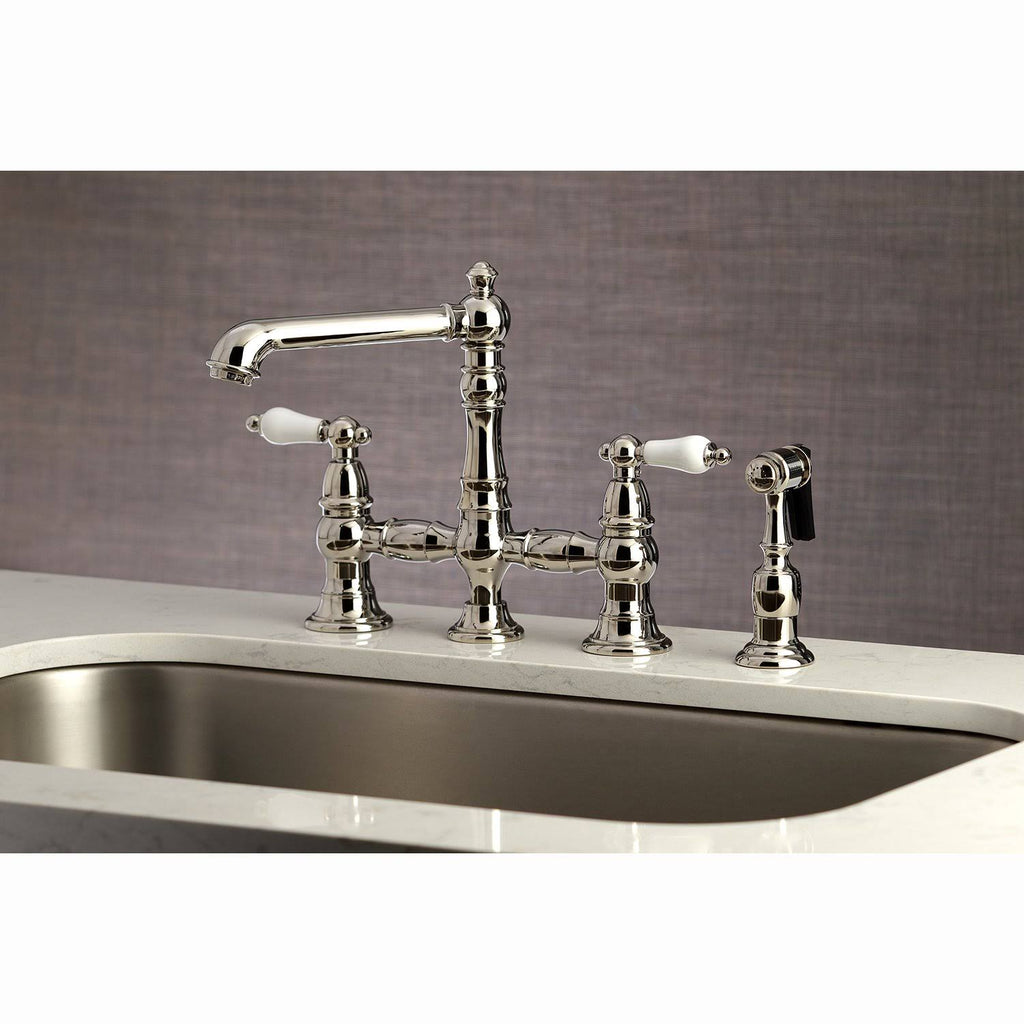 Brushed Nickel Bridge Kitchen Faucet with Sprayer D3606