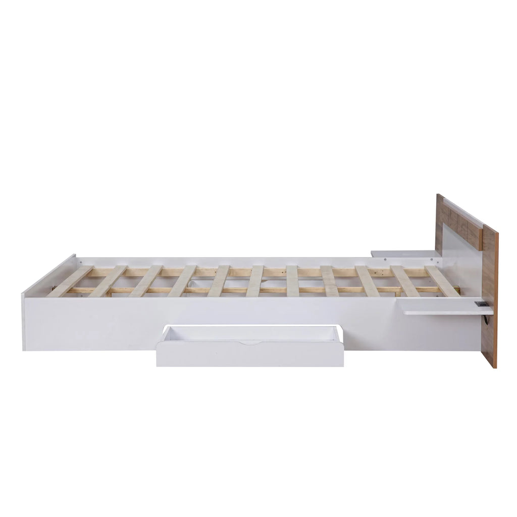 White Queen Size Wood Platform Bed with Storage Shelves and 2 Drawers Y16626