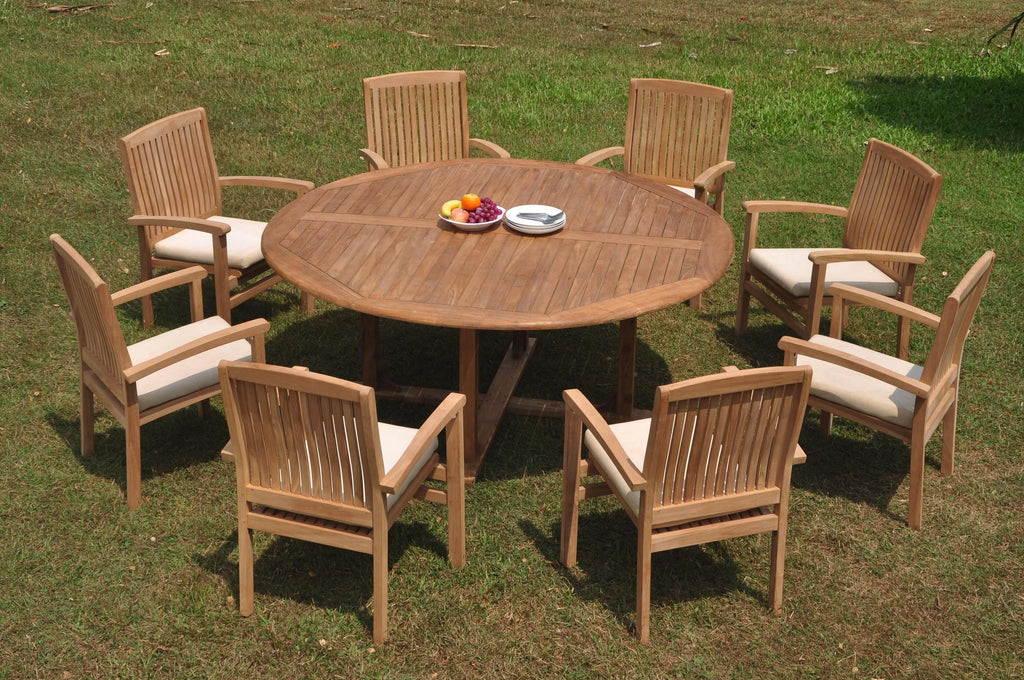 Grade-A Teak 9 Pc Dining Set: 72" Round Table And 8 Stacking Arm Chairs I2685