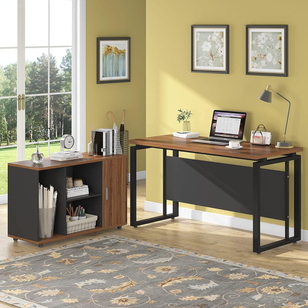 Dark Walnut Steel Gray L Shaped Desk with Storage Shelves and File Cabinet H113