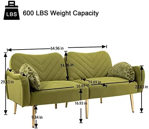 Modern Velvet Futon Sofa Bed Convertible Loveseat with 2 Pillows O39479