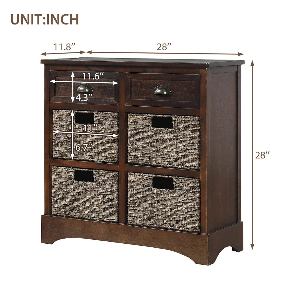 Espresso Wood Storage Cabinet with 2 Drawers and 4 Wicker Baskets B526