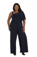 One-Shoulder Flare Jumpsuit with Overlay and Draped Sleeves E76652