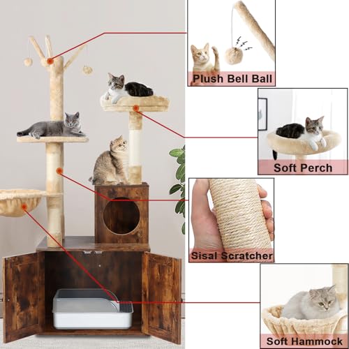 2-in-1 Wooden Cat Tree Tower with Litter Box Enclosure K65093
