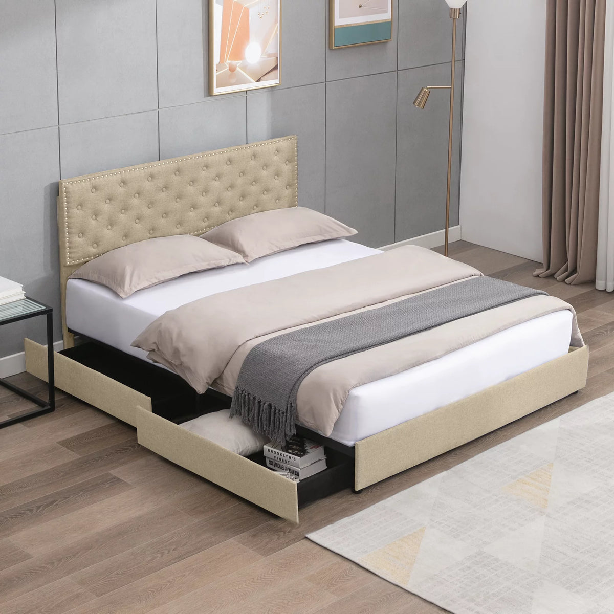 King Size Beige Platform Bed Frame with 4 Storage Drawers P7514
