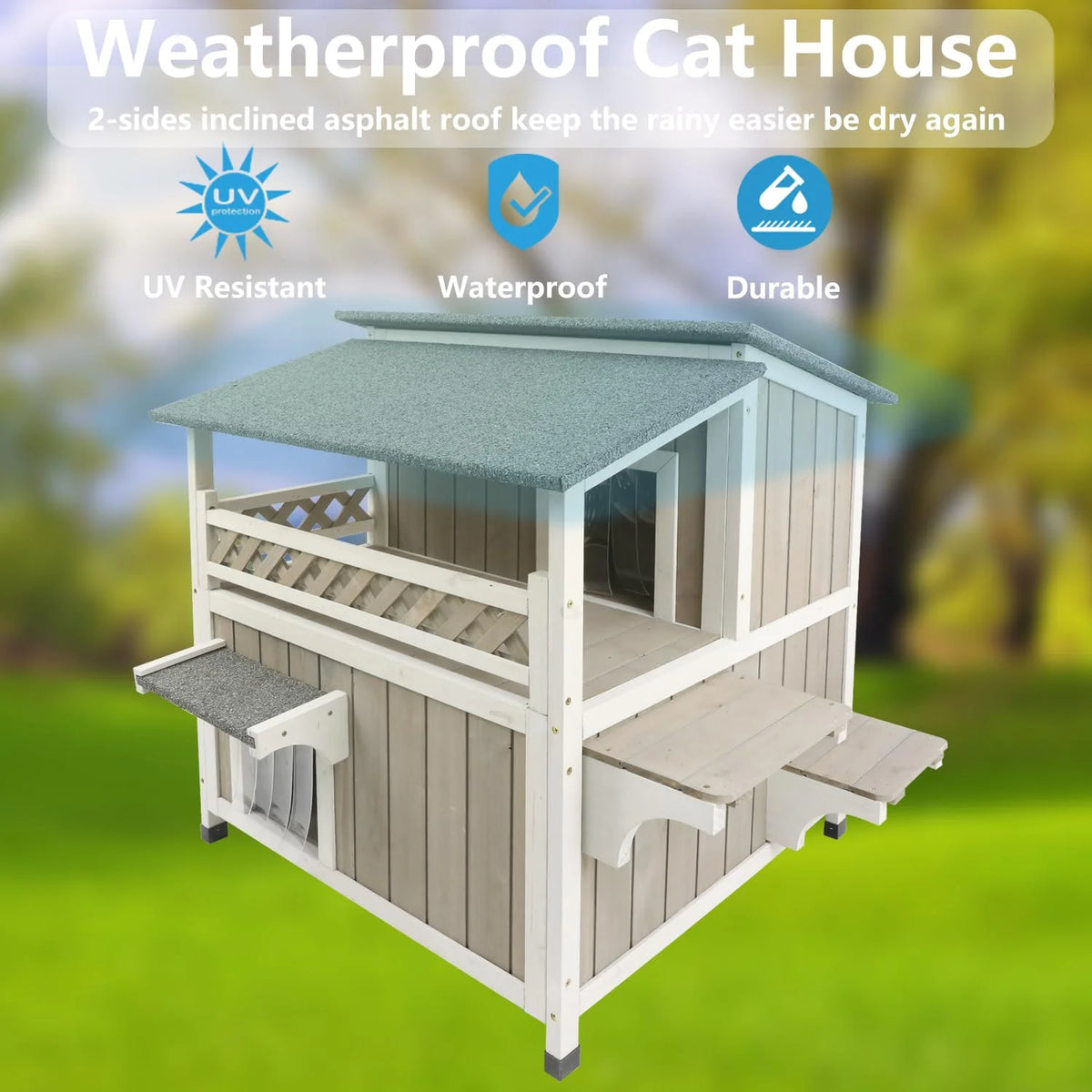 Outdoor 2-Story Wooden Cat House with Balcony M715054