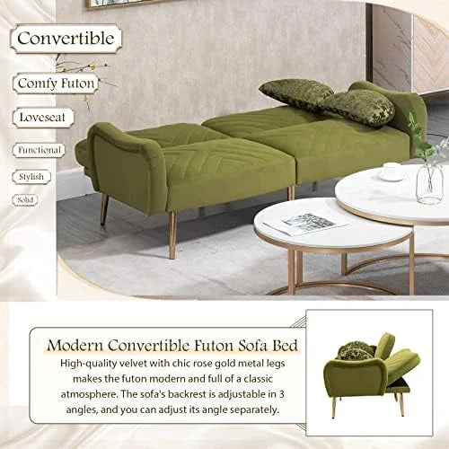 Modern Velvet Futon Sofa Bed Convertible Loveseat with 2 Pillows O39479