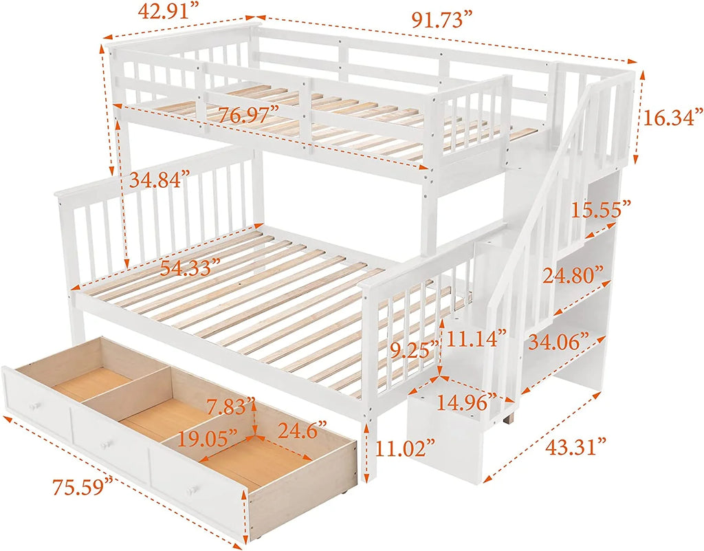 White Solid Wood Bunk Bed with Stairs and Storage Drawers A44289