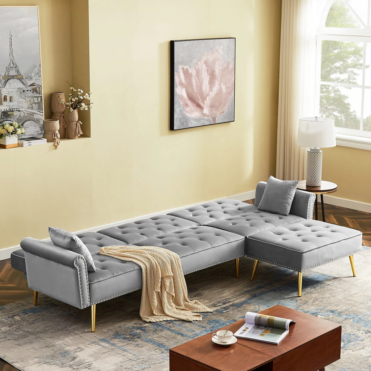 Light Grey Reversible Sectional Sofa Bed with Ottoman F757
