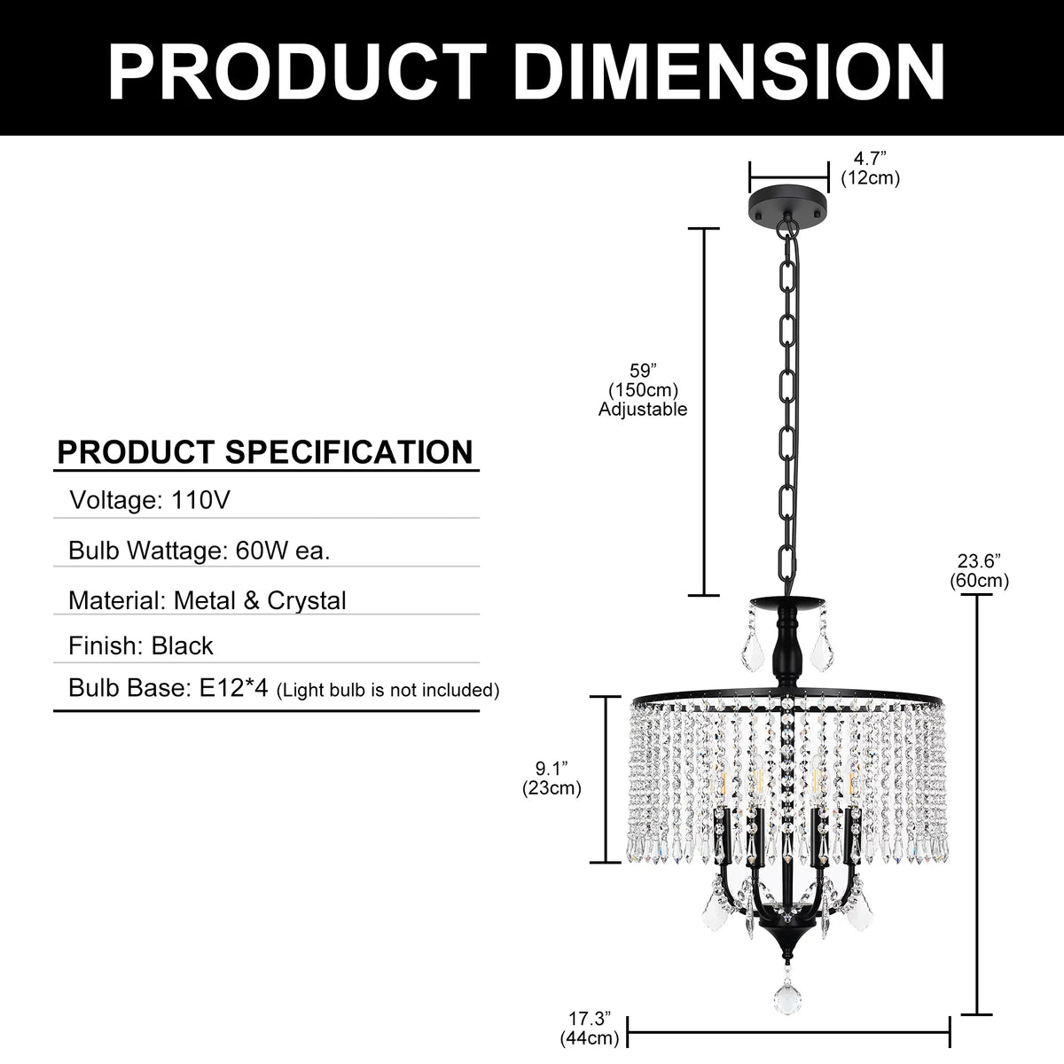 Black 3-Light Crystal Chandelier X64861