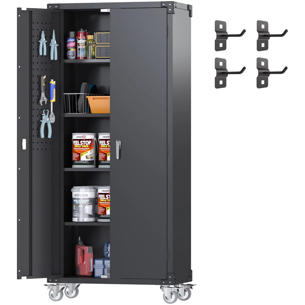 Black Metal Storage Cabinet with Wheels and Pegboard N2609