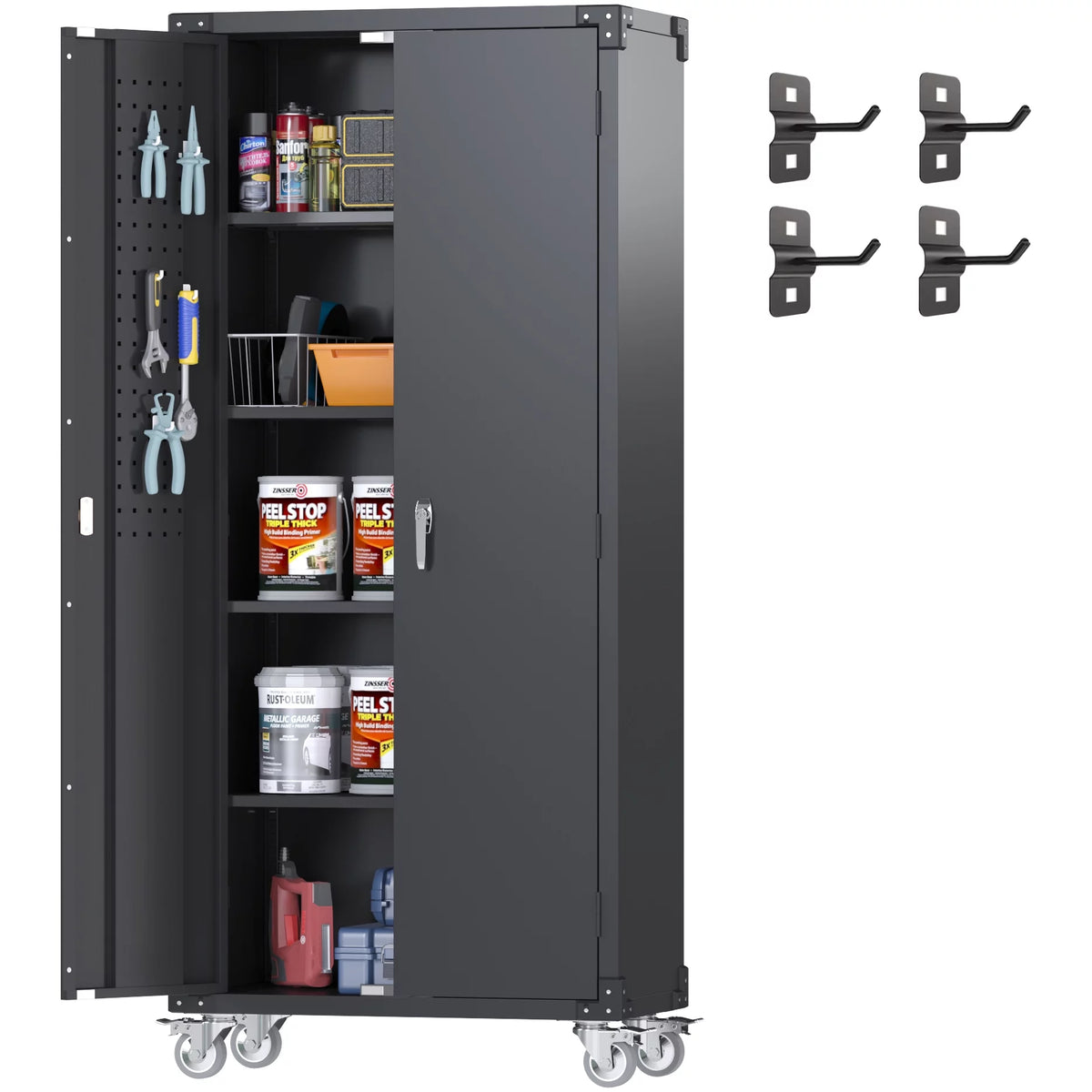 Black Metal Storage Cabinet with Wheels and Pegboard N2609