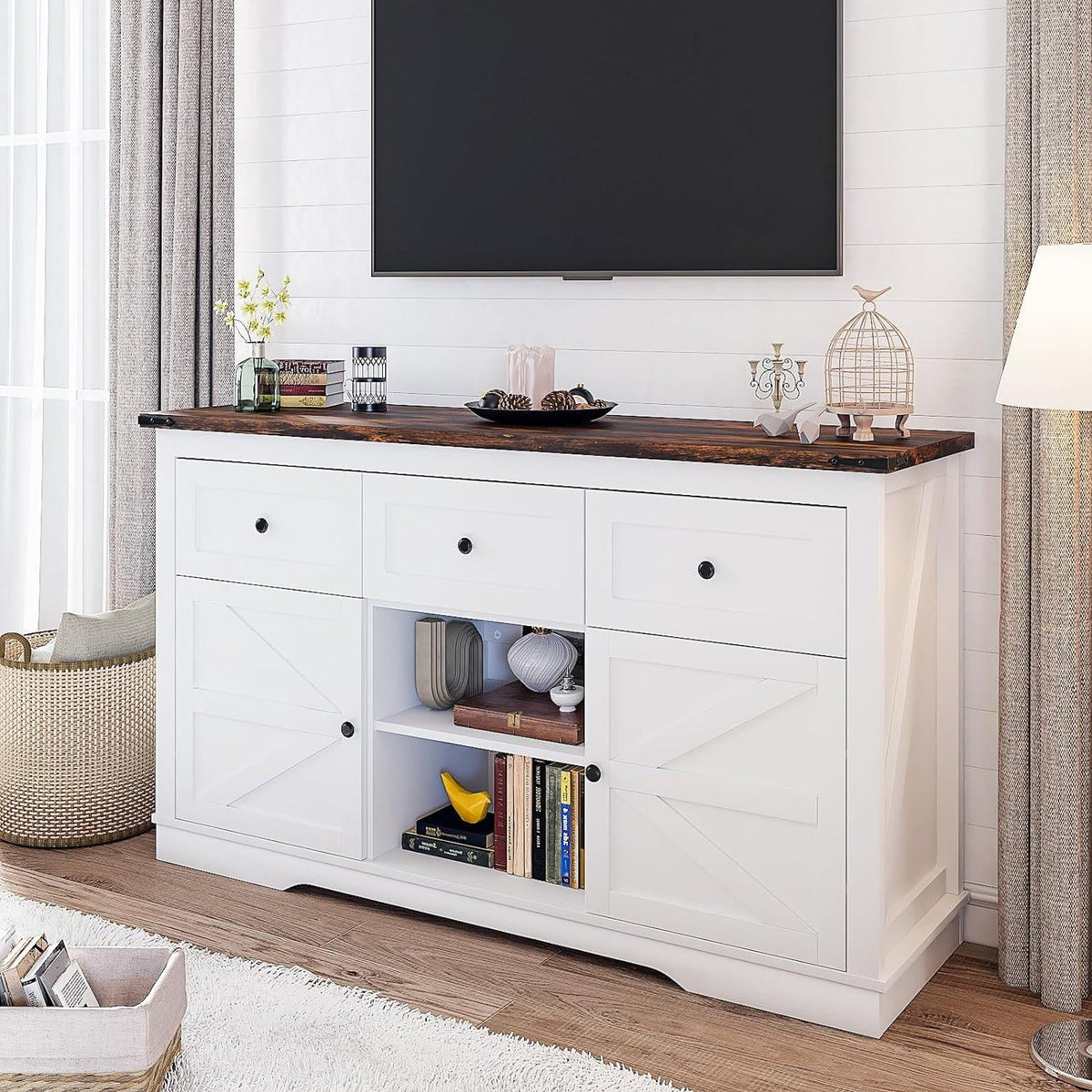 White TV Stand with 3 Drawers and Shelves V220858