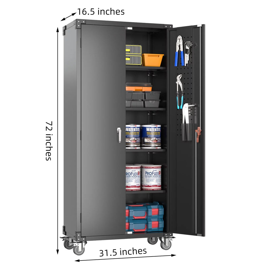 Black Metal Storage Cabinet with Wheels and Pegboard N2609