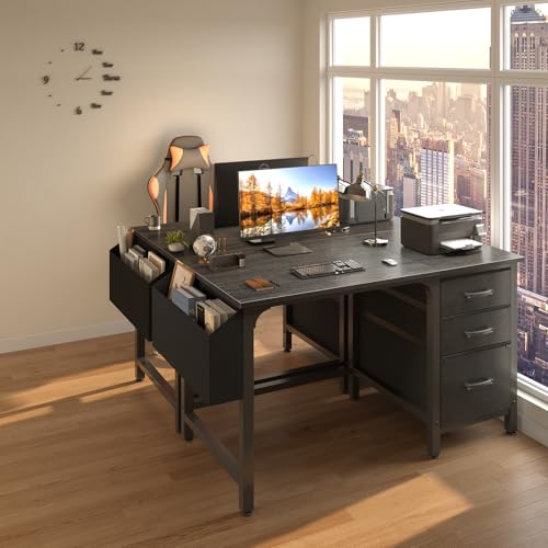 White 55 Inch Computer Desk with Fabric File Drawers Cabinet F14642