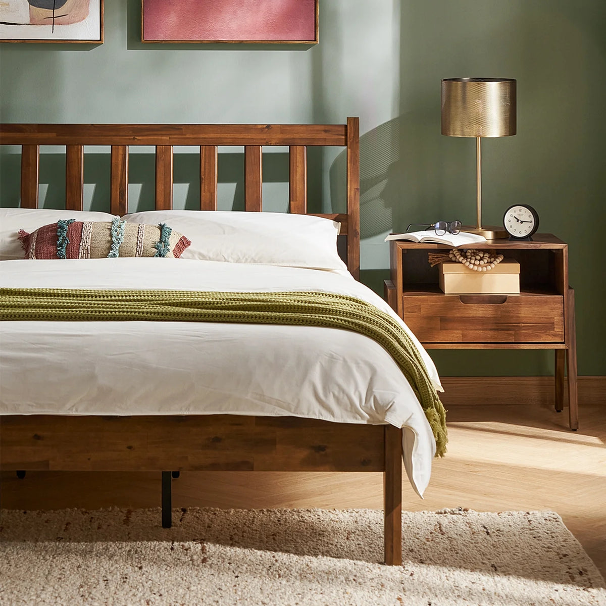 Queen Size Acacia Solid Wood Platform Bed Frame with Headboard S607