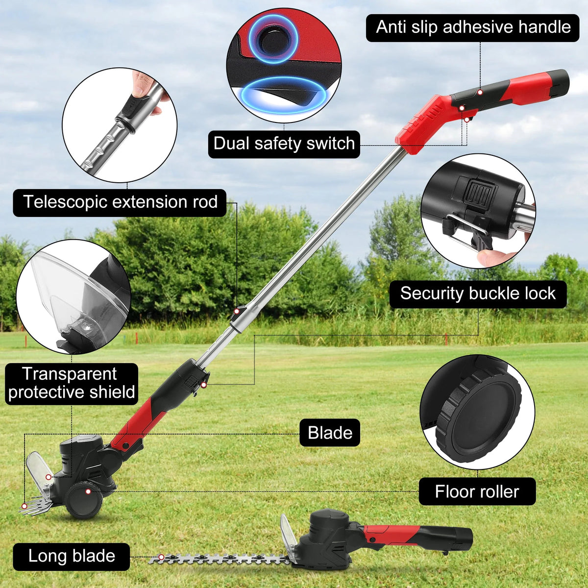 4-in-1 Telescoping Pole Hedge Trimmer Grass Shear Shrub Trimmer with 2.0 Ah Battery, 12V Red K3189
