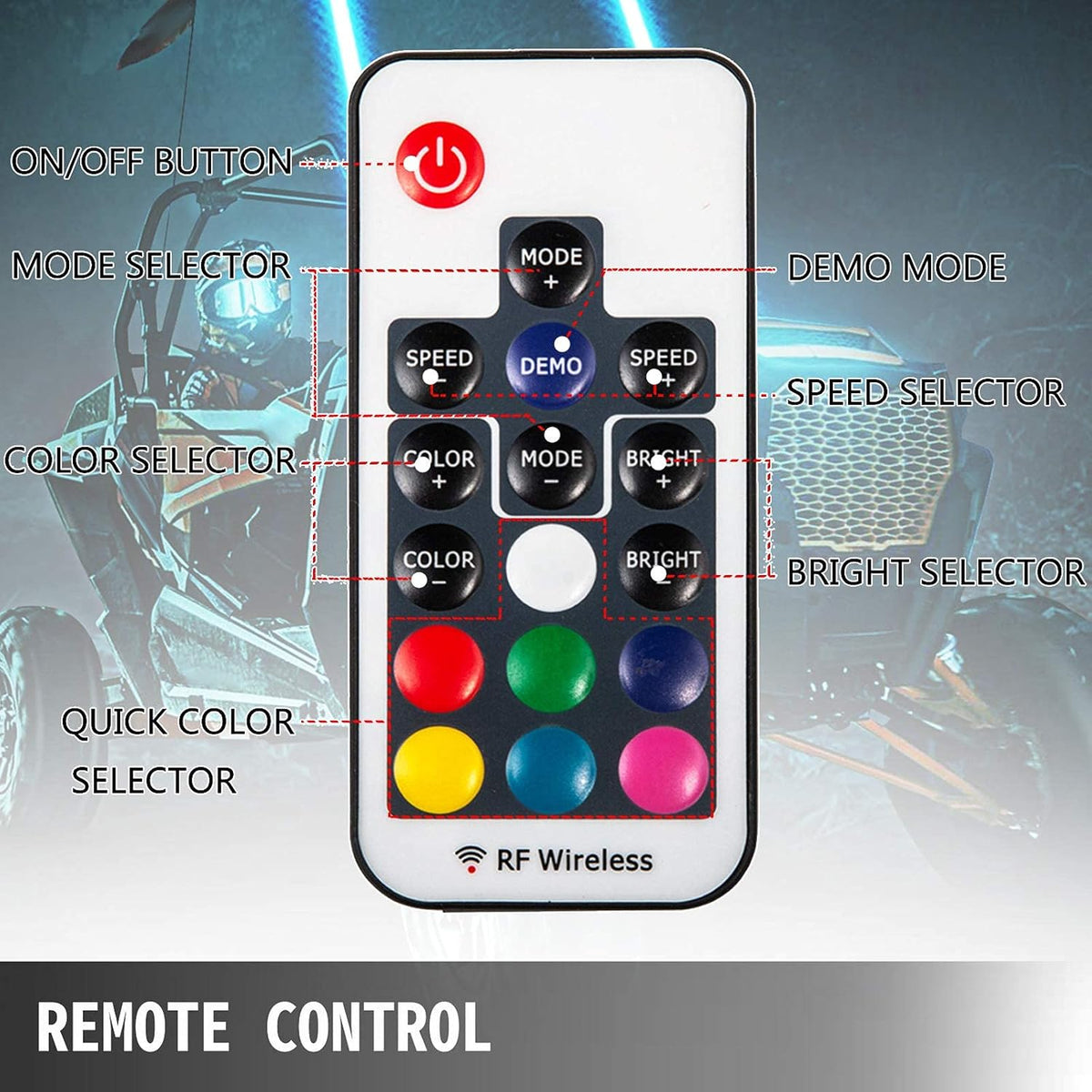 1PC 3FT 360° Spiral LED Whip Lights RGB Color Weatherproof RF Wireless Remote Pack of 2 B5383