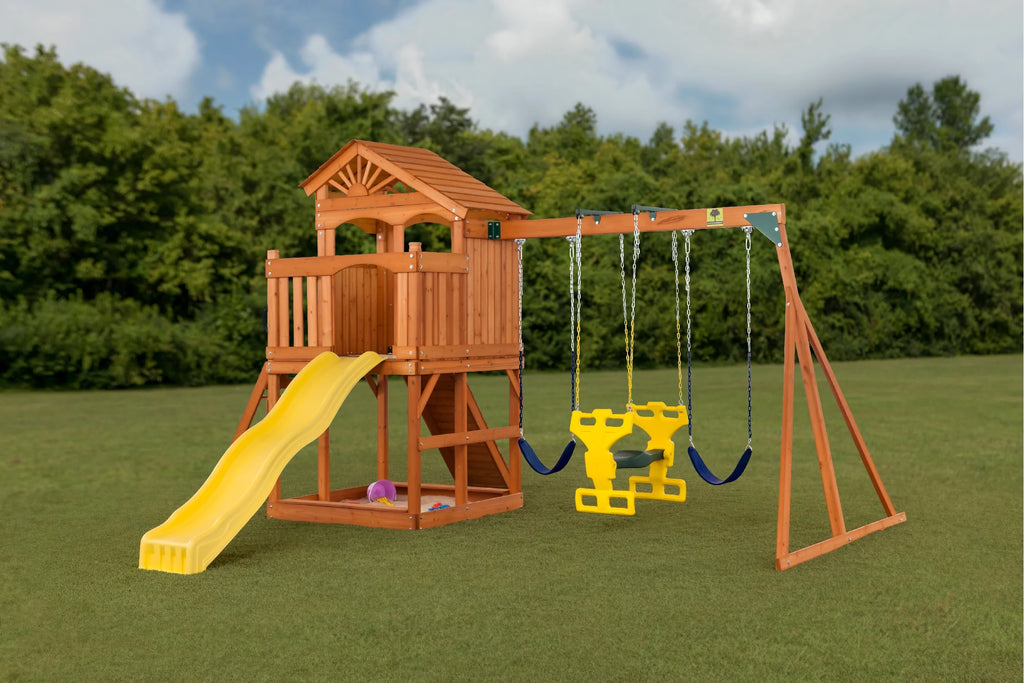 Wooden Playset with Roof, Swing, Sandbox, Climbing Wall, Ladder, Slide & Belt Swings Q7555