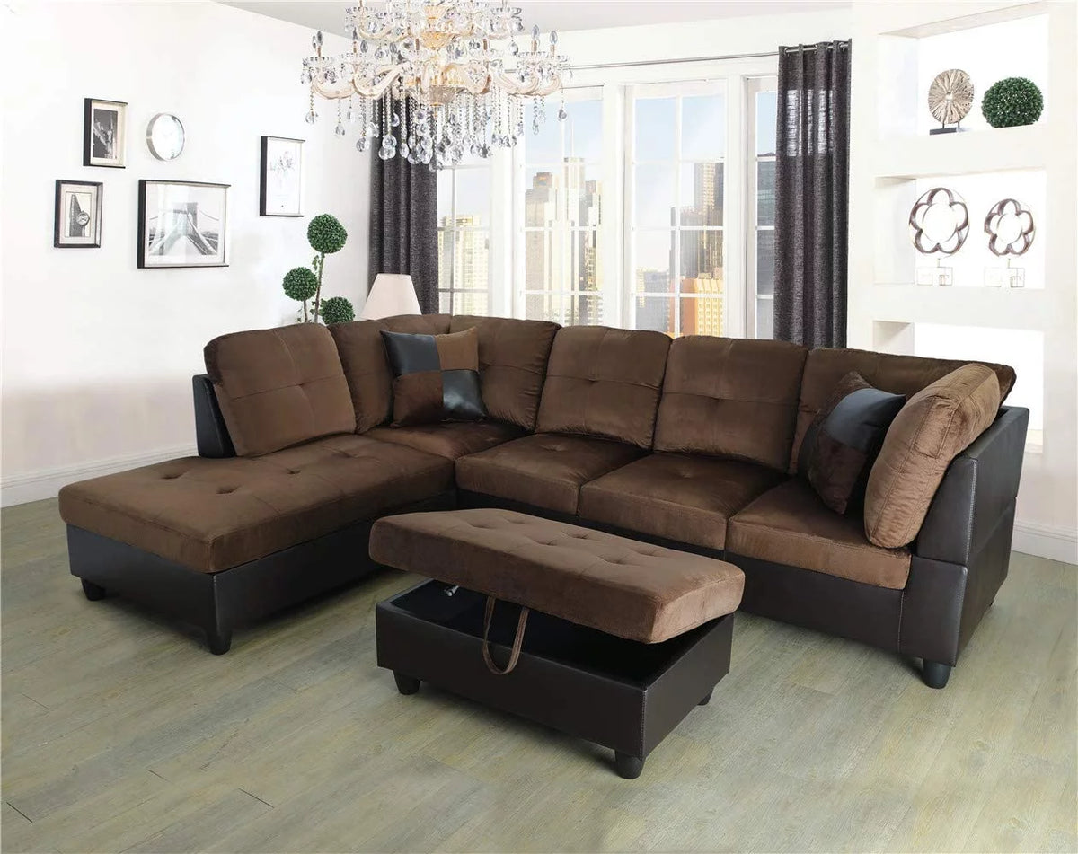 3 PCS Microfiber L Shape Sectional Sofa with Storage Ottoman N9226